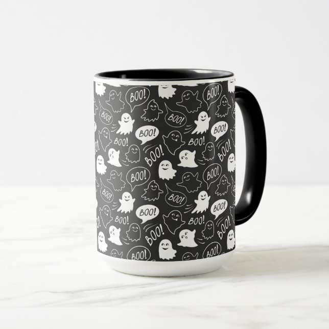Taza Patrón de Halloween de Doodle Cute de B&W (Anverso derecho)