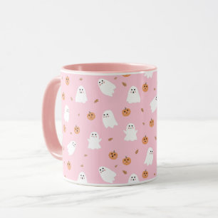 Taza Patrón de Halloween Rosa de Fantasma y Calabaza