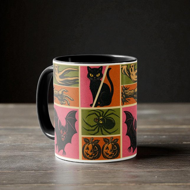 Taza Patrón de Halloween vintage (Retro Halloween mug with black cats, bats, pumpkins, ghosts, spiders, and creepy hands in bold color)
