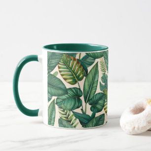 Taza Patrón de hojas tropicales de palm monstera verde 