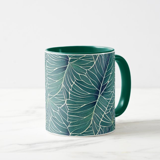 Taza Patrón de hojas tropicales Verde azuladas verdes d (Anverso derecho)