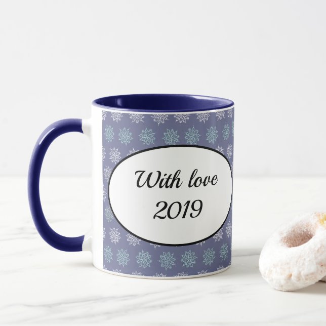 Taza Patrón de invierno Copos de nieve azules y blancos (Con donut)