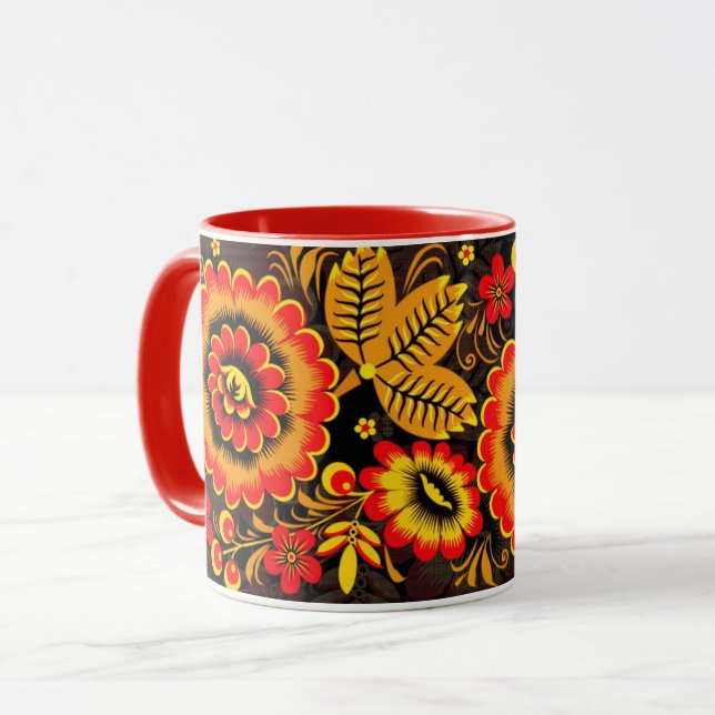 Taza Patrón de khokhloma ruso Botánico rojo negro (Anverso izquierdo)