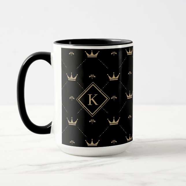 Taza Patrón de la corona dorada moderna Monograma negro (Izquierda)