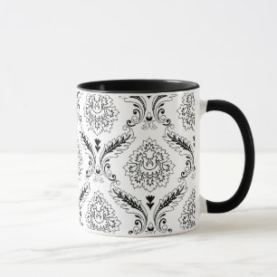 Taza Patrón de línea de damasco rococó negro sobre blan