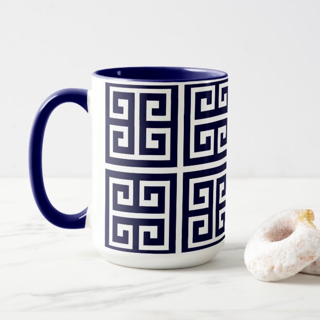 Taza Patrón de llave griega azul profundo con estilo mo (Con donut)