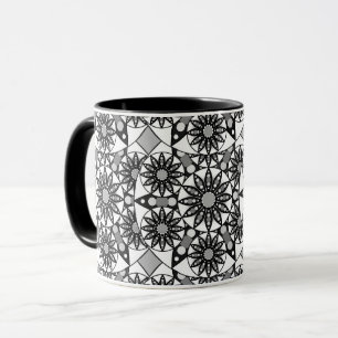 Taza Patrón de Mandala, negro, blanco y gris