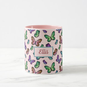 Taza Patrón de mariposas Girly Colorful añada tu nombre