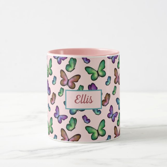 Taza Patrón de mariposas Girly Colorful añada tu nombre (Centro)