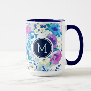 Taza Patrón de Monograma de Flores de Verano Coloridas