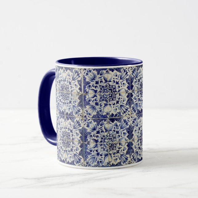Taza Patrón de mosaico blanco azul geométrico vintage (Anverso izquierdo)