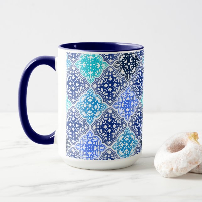 Taza Patrón de mosaico marroquí pintado de azul (Con donut)
