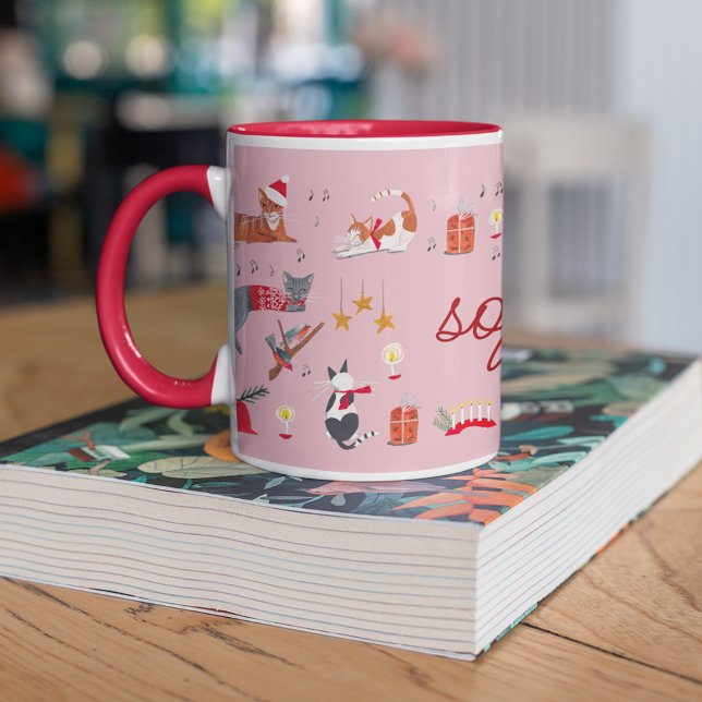 Taza Patrón de Navidades rosados de gato retro lindo (Christmas Cat Lover Mug Custom Name Pink)