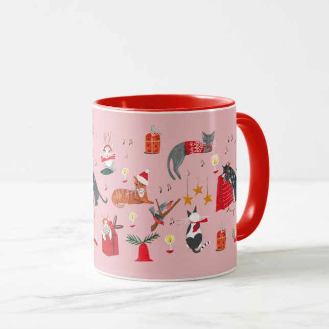 Taza Patrón de Navidades rosados de gato retro lindo Mu (Anverso derecho)