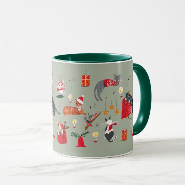 Taza Patrón de Navidades verdes de gato retro lindo Mug (Anverso derecho)