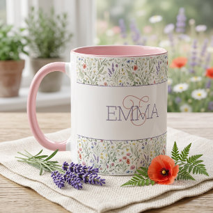 Taza Patrón de nombre de monograma Boho Lavanda Flor si