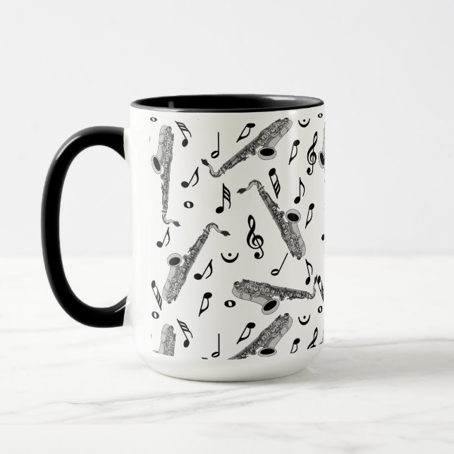 Taza Patrón de notas de música saxofónica gris (Izquierda)