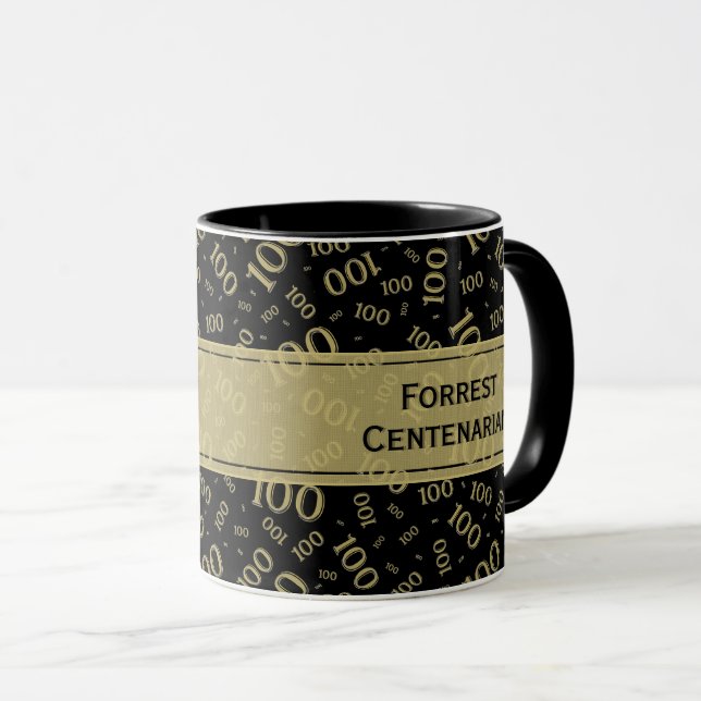 Taza Patrón de número aleatorio de 100 cumpleaños negro (Anverso derecho)