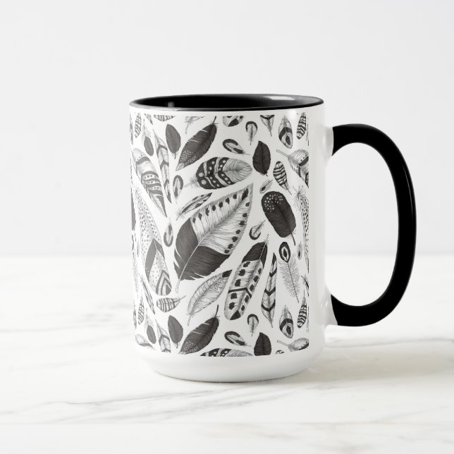 Taza Patrón de plumas en blanco y negro (Derecha)