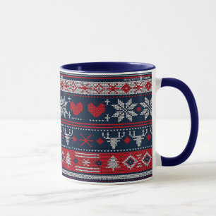 Taza Patrón de punto Fair Isle azul rojo de Navidad