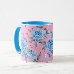Taza Patrón de rosa azul pastel, fondo rosado,