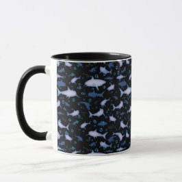 Taza Patrón de silueta de tiburón negro y azul