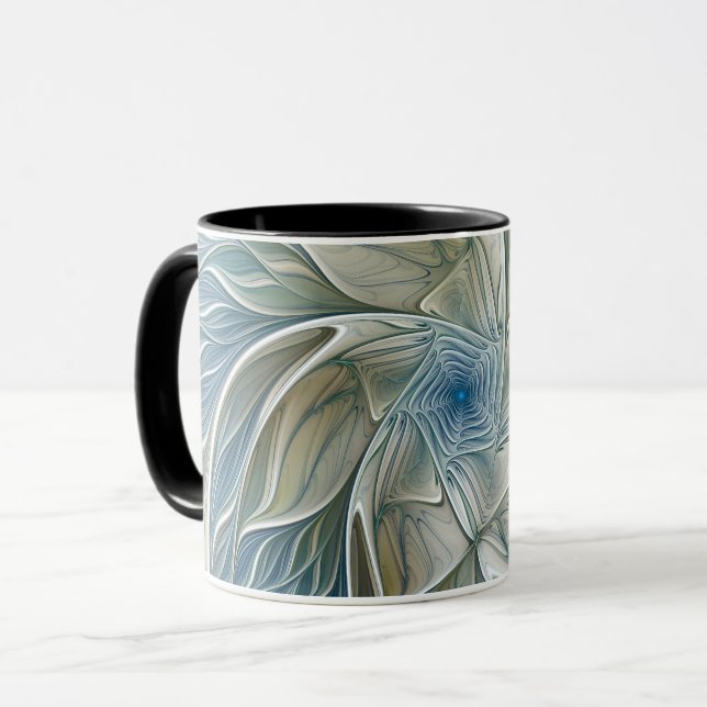 Taza Patrón de sueño floral Resumen Fractal caqui azul (Anverso izquierdo)