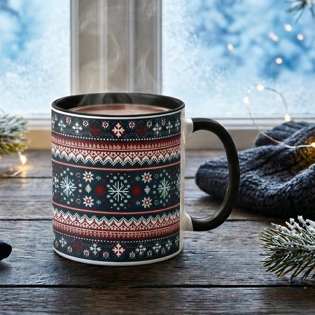 Taza Patrón de suéter de Navidad con copos de nieve roj (Subido por el creador)