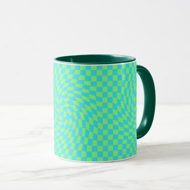 Taza Patrón de tablero de ajedrez azul claro y verde (Anverso derecho)