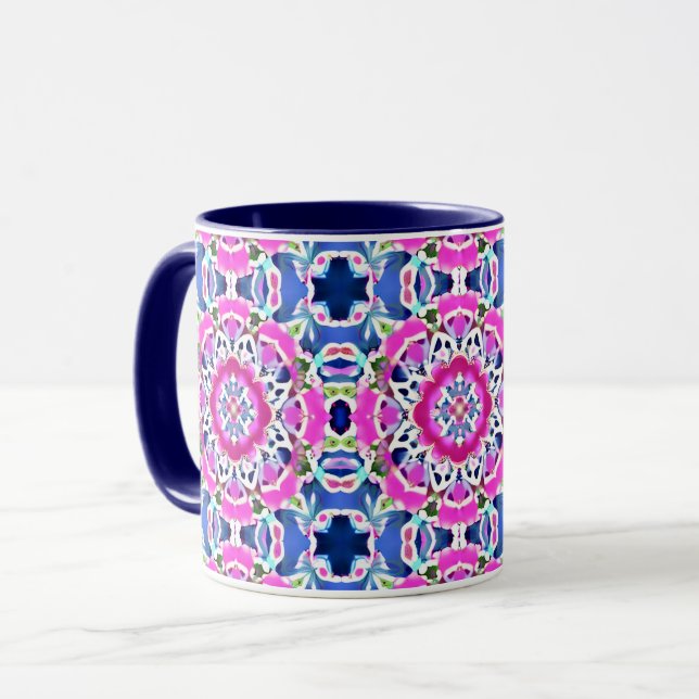 Taza Patrón de tinte de tinta Mandala denim azul y rosa (Anverso izquierdo)