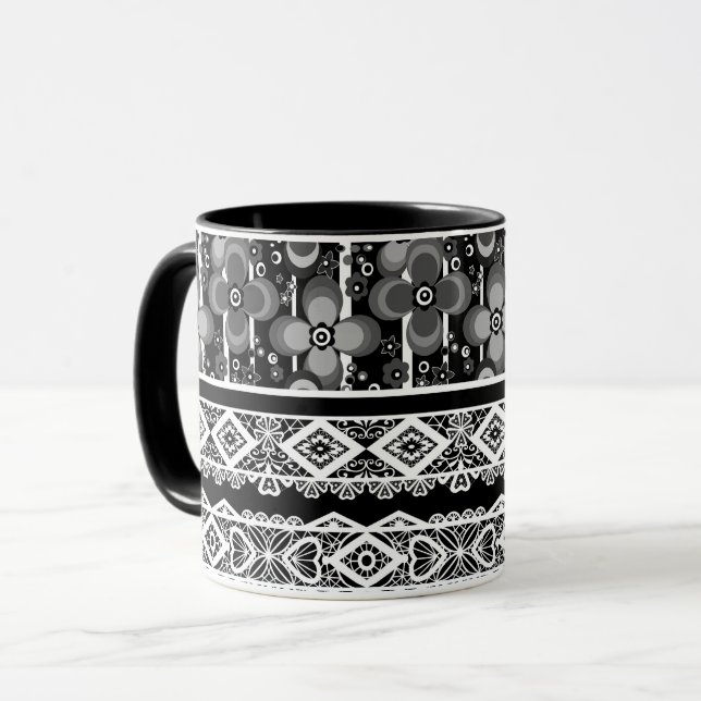 Taza Patrón en blanco y negro con encaje y patchwork (Anverso izquierdo)