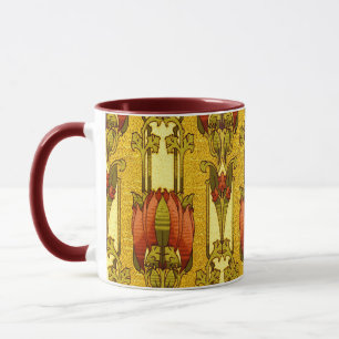 Taza Patrón floral Art Nouveau vintage de tulipanes roj