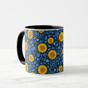 Taza Patrón Floral Azul Girasol Amarillo Vintage