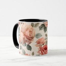 Taza Patrón floral beige rosa suave acuarela