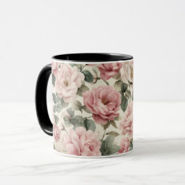 Taza Patrón floral beige rosa suave acuarela