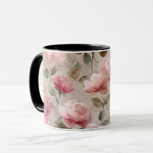 Taza Patrón floral beige rosa suave acuarela