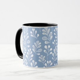 Taza Patrón floral blanco de hoja azul suave escandinav