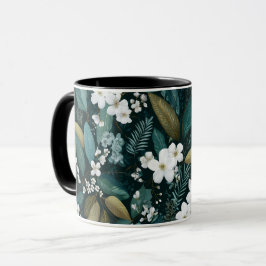 Taza Patrón floral blanco de hoja forestal botánica