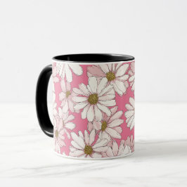 Taza Patrón floral blanco de margarita rosa dibujado a 