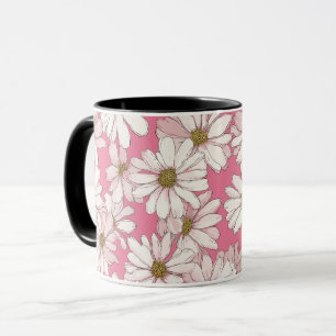 Taza Patrón floral blanco de margarita rosa dibujado a