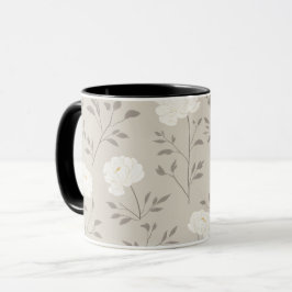 Taza Patrón floral blanco de peonía crema minimalista