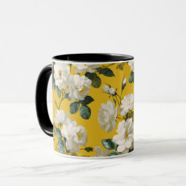 Taza Patrón floral blanco de rosa amarilla clásica