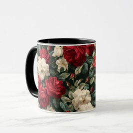Taza Patrón floral blanco de rosa roja clásica
