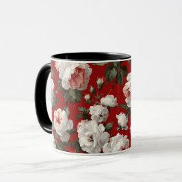 Taza Patrón floral blanco de rosa roja clásica