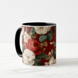 Taza Patrón floral blanco de rosa roja clásica