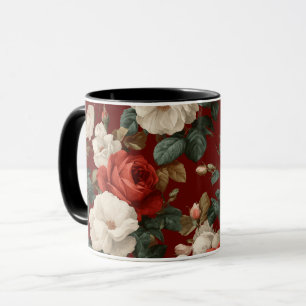 Taza Patrón floral blanco de rosa roja clásica