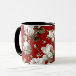 Taza Patrón floral blanco de rosa roja clásica