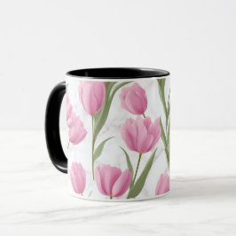 Taza Patrón floral blanco de tulipán rosa moderno