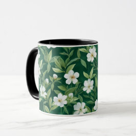 Taza Patrón floral blanco hoja verde acuarela