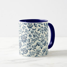 Taza Patrón floral blanco y azul de vintage